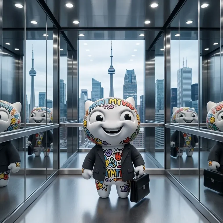 Viby the PrintMyVibe mascot in a elevator of a Toronto business tower stepping into Boss Mode