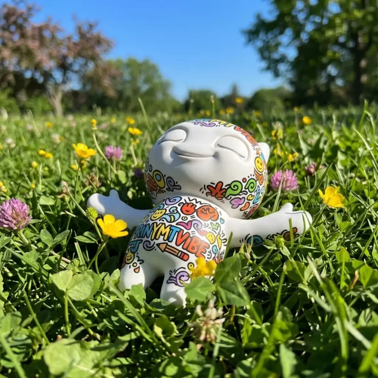 Viby the PrintMyVibe mascot chilling on the grass at High Park Toronto catching Chill & Green Vibes