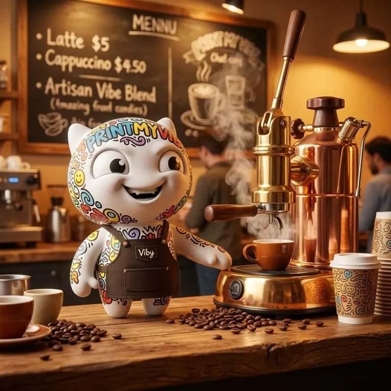 Viby the PrintMyVibe mascot as a barista behind a café counter in Toronto catching Coffee Vibes surrounded by espresso and fresh brewed coffee