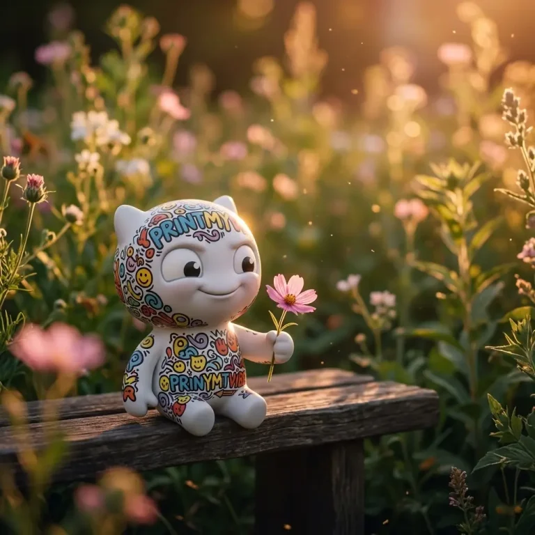 Viby the PrintMyVibe mascot sitting on a bench at Evergreen Brick Works Toronto, holding a wildflower and catching Love Energy vibes