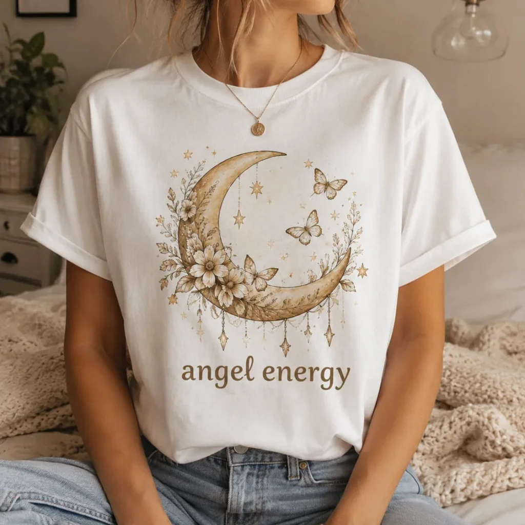 Woman wearing white Angel Energy celestial t-shirt with crescent moon, flowers and butterflies — PrintMyVibe Toronto
