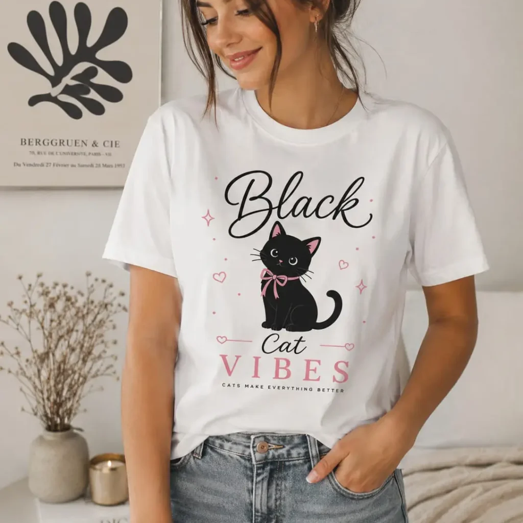 Real photo of Black Cat Vibes custom printed t-shirt by PrintMyVibe Toronto