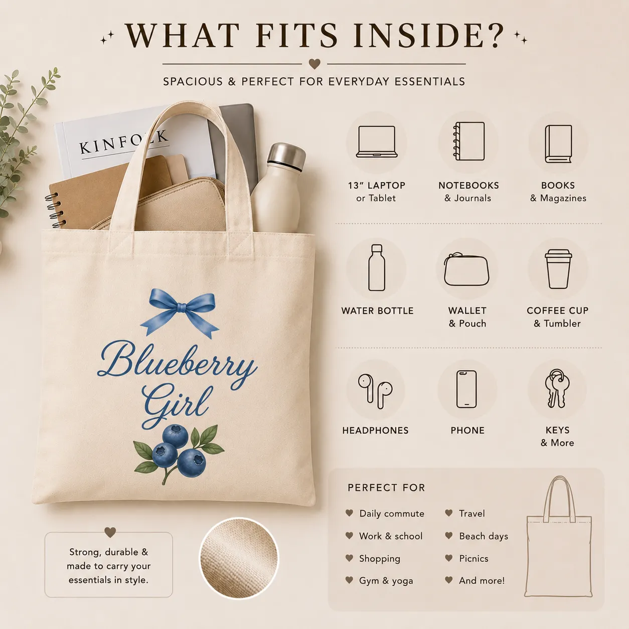 Blueberry Girl canvas tote bag what-fits-inside guide - holds laptop, books, bottle - PrintMyVibe Toronto