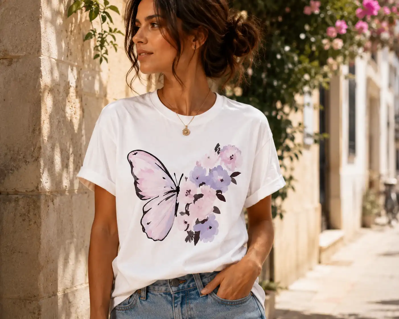 Woman wearing white Butterfly Bloom t-shirt with watercolor butterfly and pink lavender flowers - PrintMyVibe Toronto