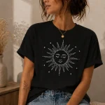 Sun line art black t-shirt detail - vintage celestial design PrintMyVibe