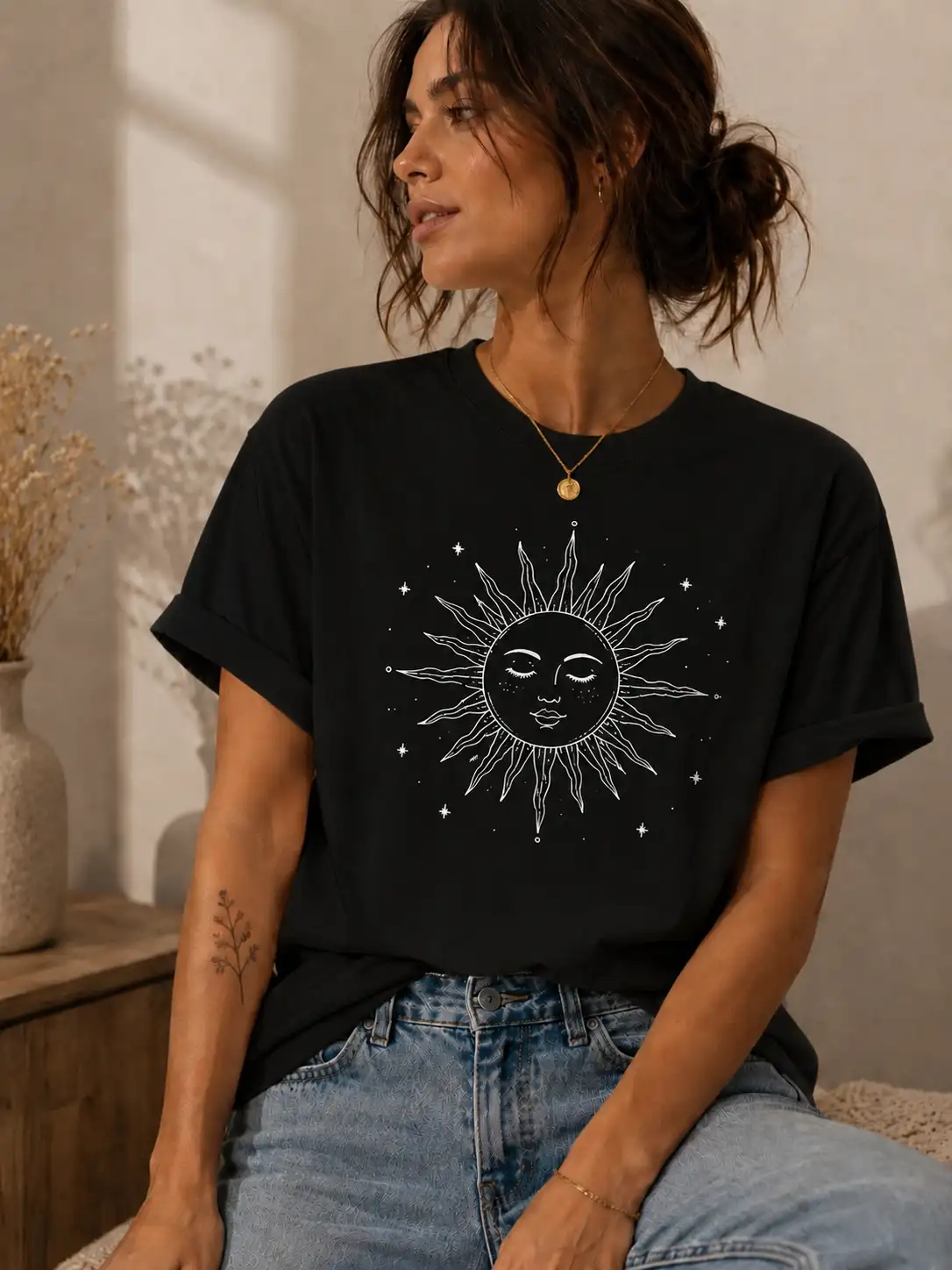 Sun line art black t-shirt detail - vintage celestial design PrintMyVibe