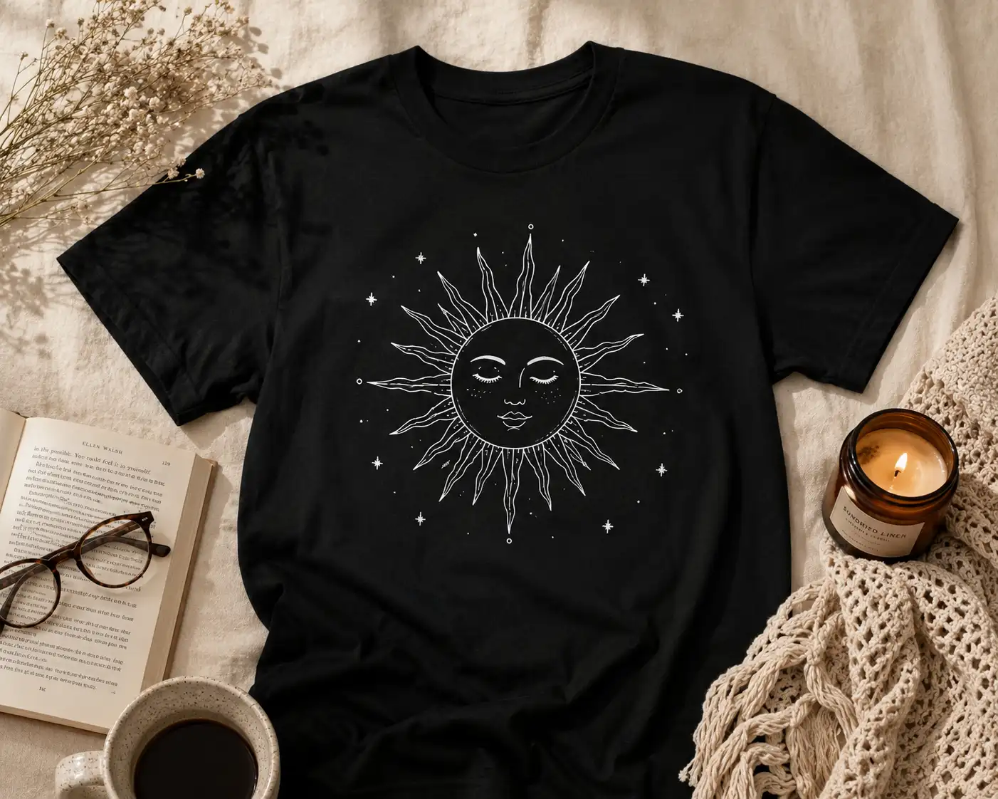 Celestial Sun t-shirt flat lay - mystical tee by PrintMyVibe Toronto