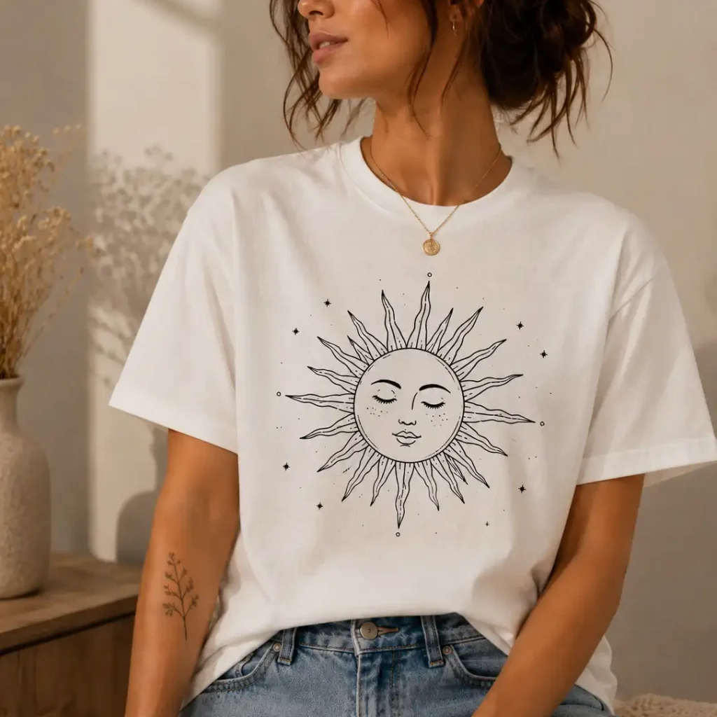 Woman wearing white Celestial Sun t-shirt with vintage sun face line art - PrintMyVibe Toronto