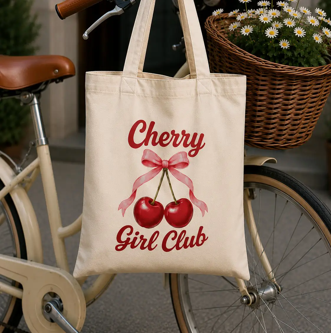 cherry-girl-club-tote-bag-mockup-03 Coquette cherry canvas tote close-up - retro red lettering detail