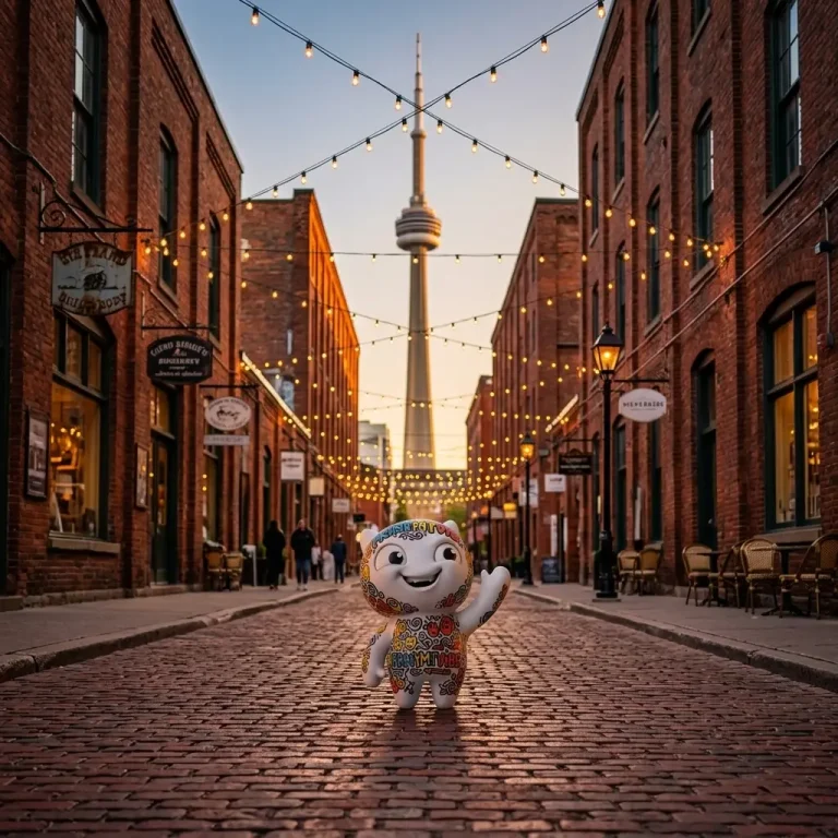 Viby the PrintMyVibe mascot standing on cobblestone street at the Distillery District Toronto with CN Tower and string lights glowing at golden hour catching City Lights vibes