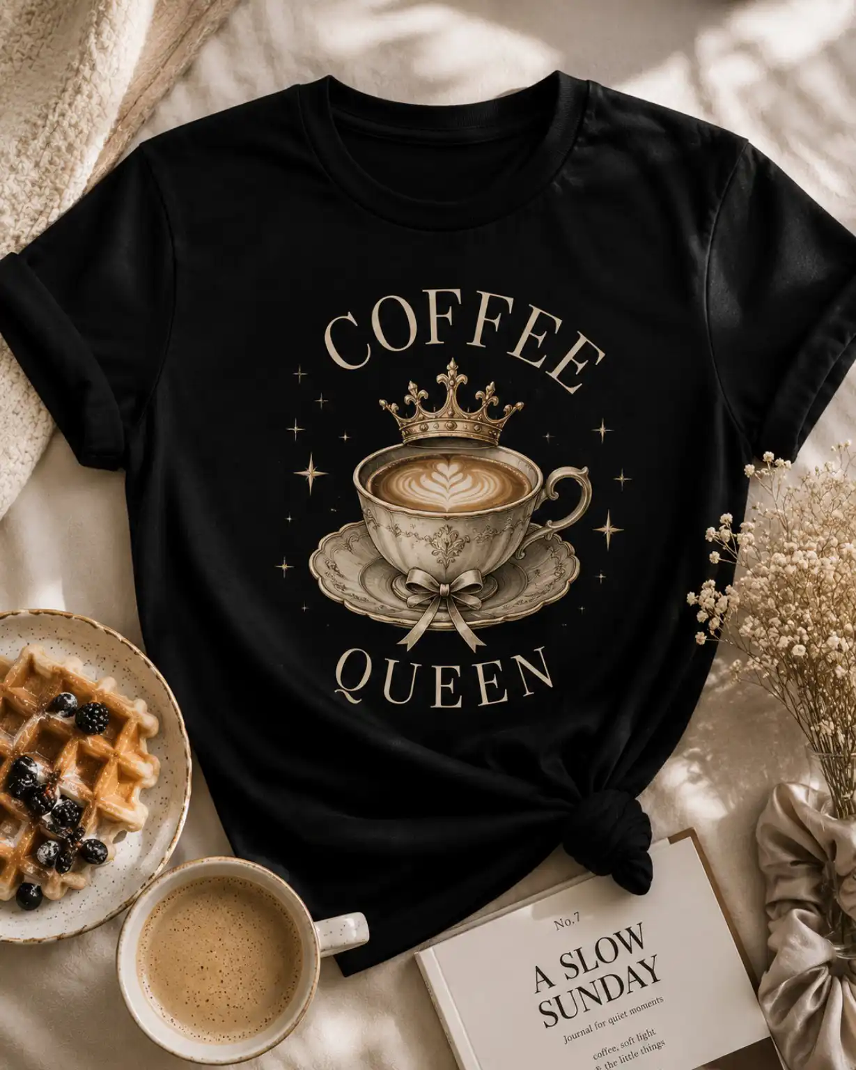 Coffee Queen black t-shirt flat lay with waffles and coffee - cozy coffee lover tee