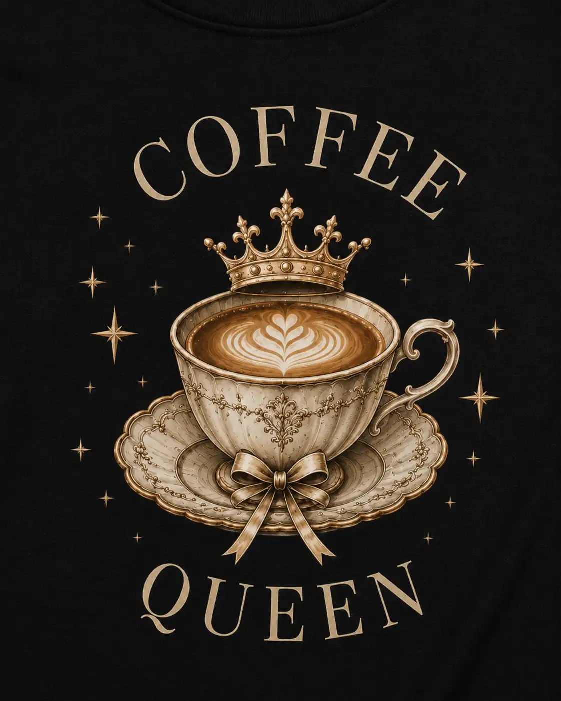 Black Coffee Queen t-shirt with vintage crowned teacup illustration - PrintMyVibe Toronto