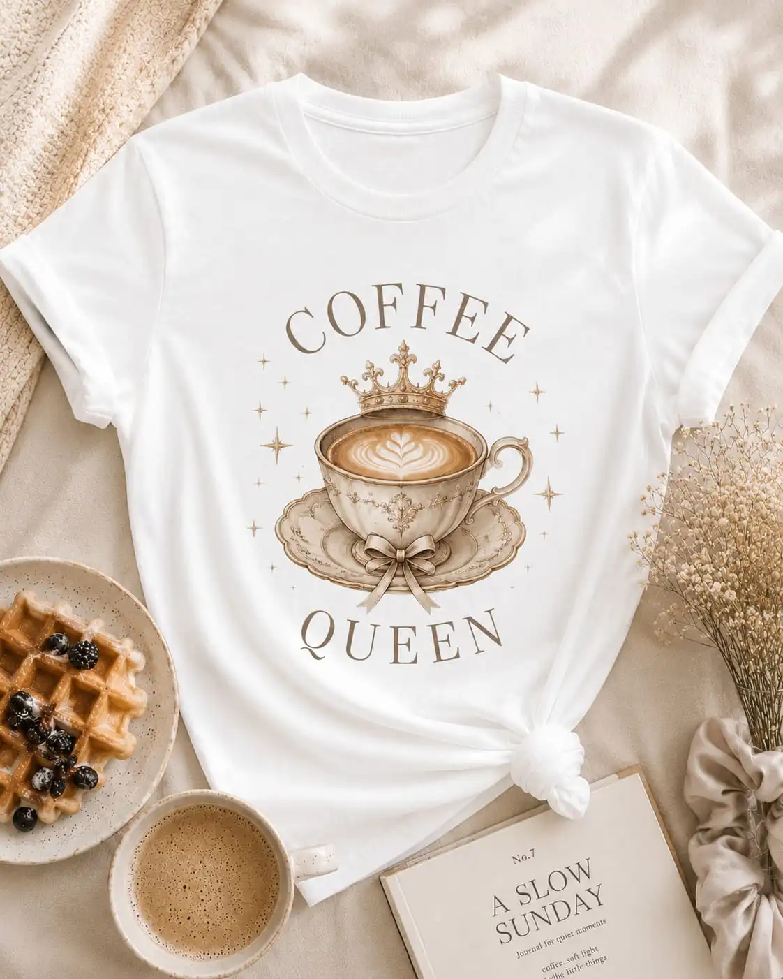 Vintage Coffee Queen print close-up - crown and latte art detail on white tee