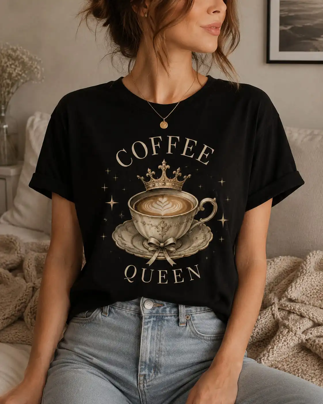 Black coffee lover t-shirt with royal teacup - custom printed in the GTA