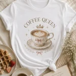White Coffee Queen white t-shirt flat lay with crowned teacup and pink bows - PrintMyVibe Toronto