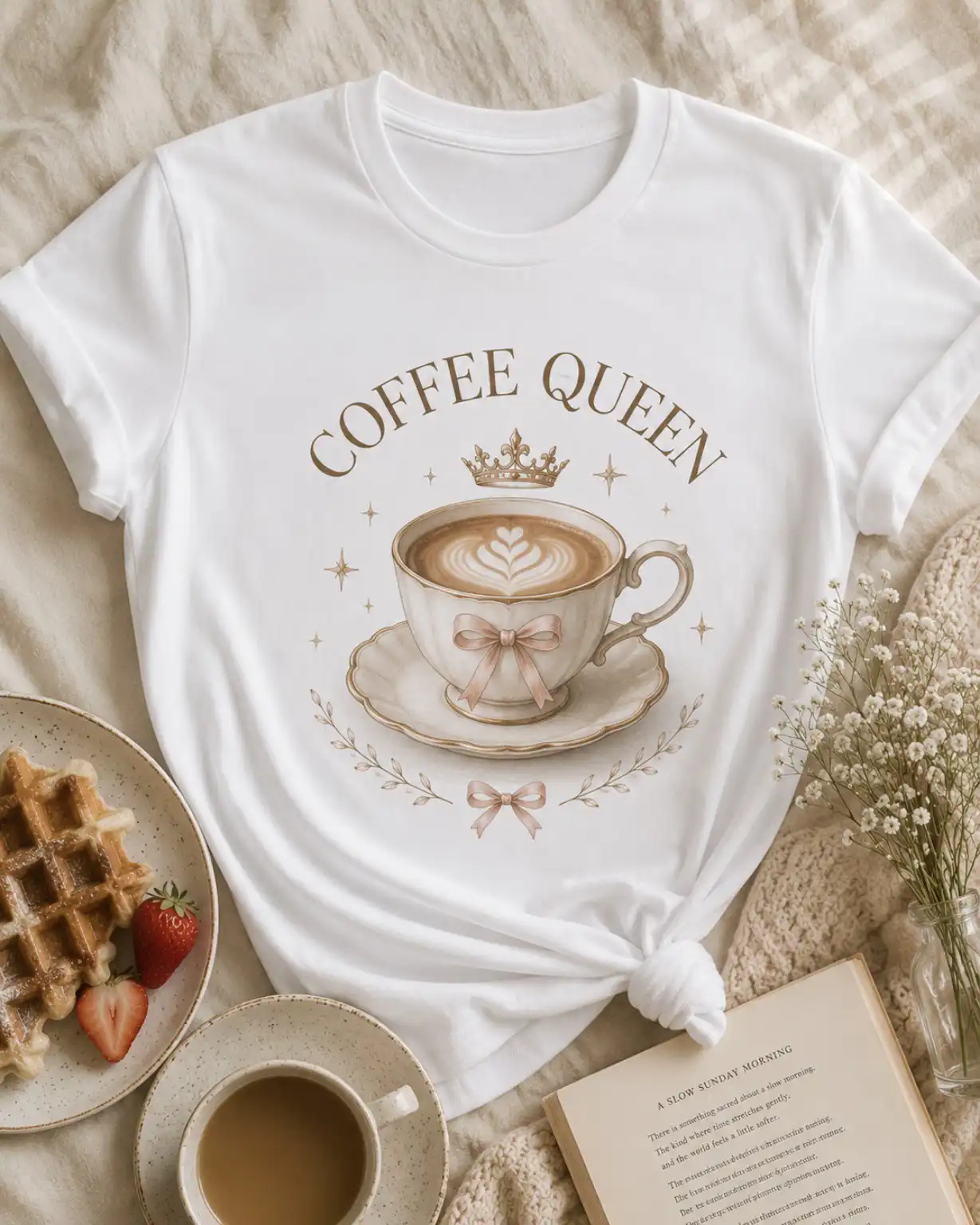 White Coffee Queen white t-shirt flat lay with crowned teacup and pink bows - PrintMyVibe Toronto