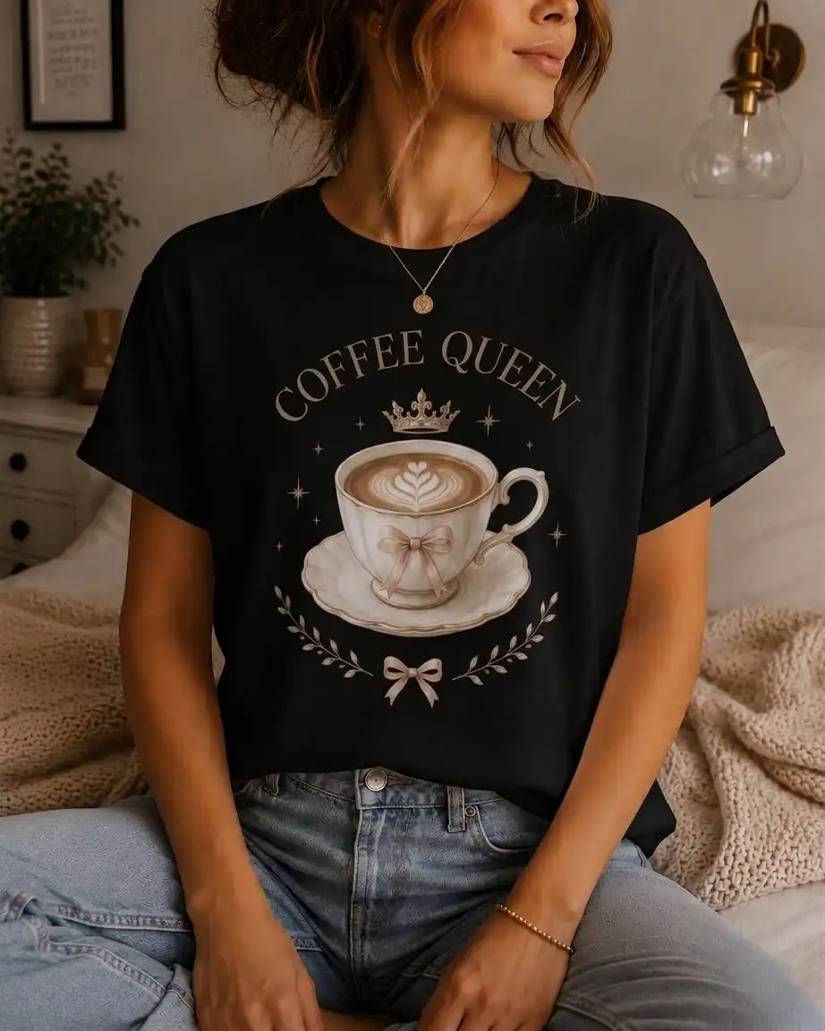 Coffee Queen black t-shirt real photo - heat-pressed quality by PrintMyVibe GTA