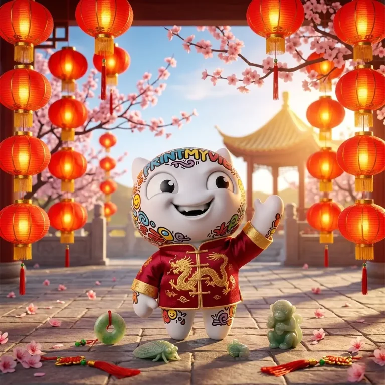 Viby the PrintMyVibe mascot wearing a red dragon Tang suit surrounded by red lanterns and cherry blossoms catching Culture Vibes celebrating Chinese New Year Toronto