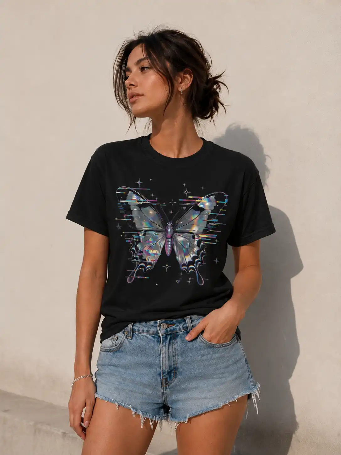 Holographic chrome butterfly t-shirt with glitch art effects - PrintMyVibe Toronto