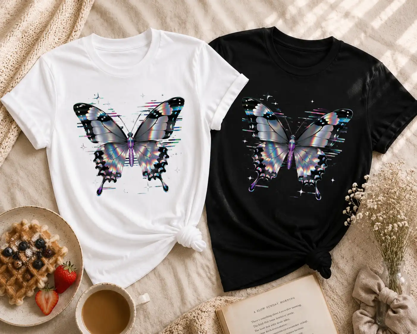 Chrome glitch butterfly black and white t-shirt styled outfit - aesthetic tee Canada