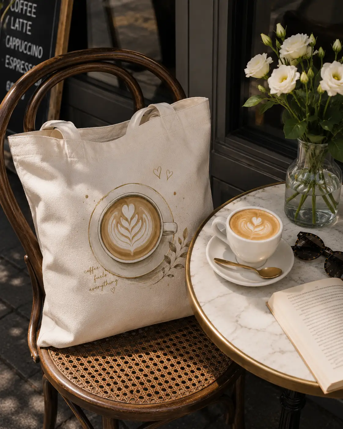 latte-coffee-fuels-everything-tote-bag-cafe Latte tote bag with coffee fuels everything script on a cafe chair - PrintMyVibe Toronto