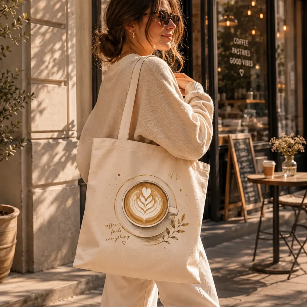 Coffee fuels everything canvas tote with latte art - printed in Toronto