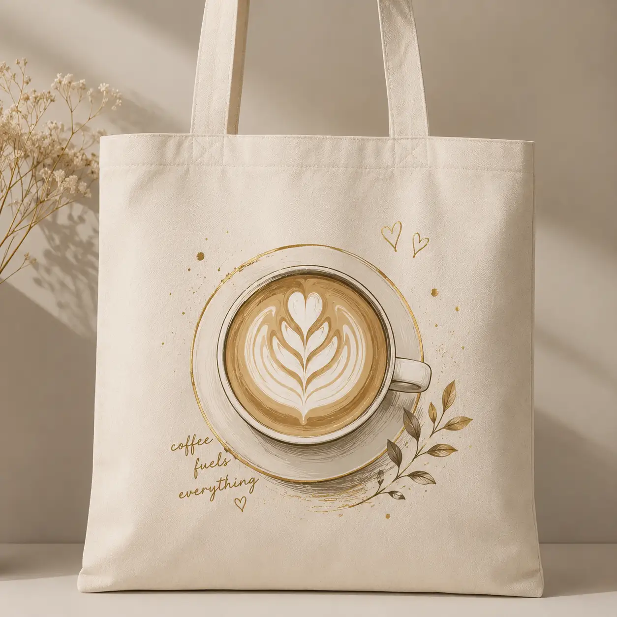 latte-coffee-tote-bag-mockup-03 Latte art canvas tote close-up - warm golden print detail