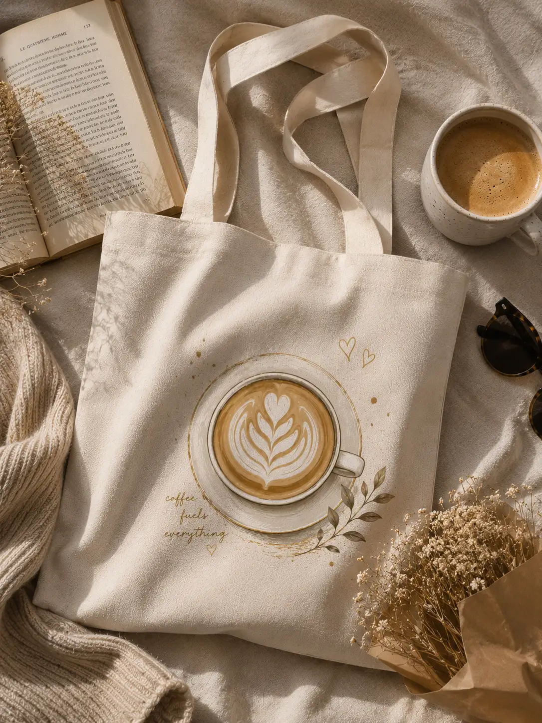 latte-coffee-tote-bag-mockup-06 Latte rosetta print detail on canvas tote - Toronto custom printing