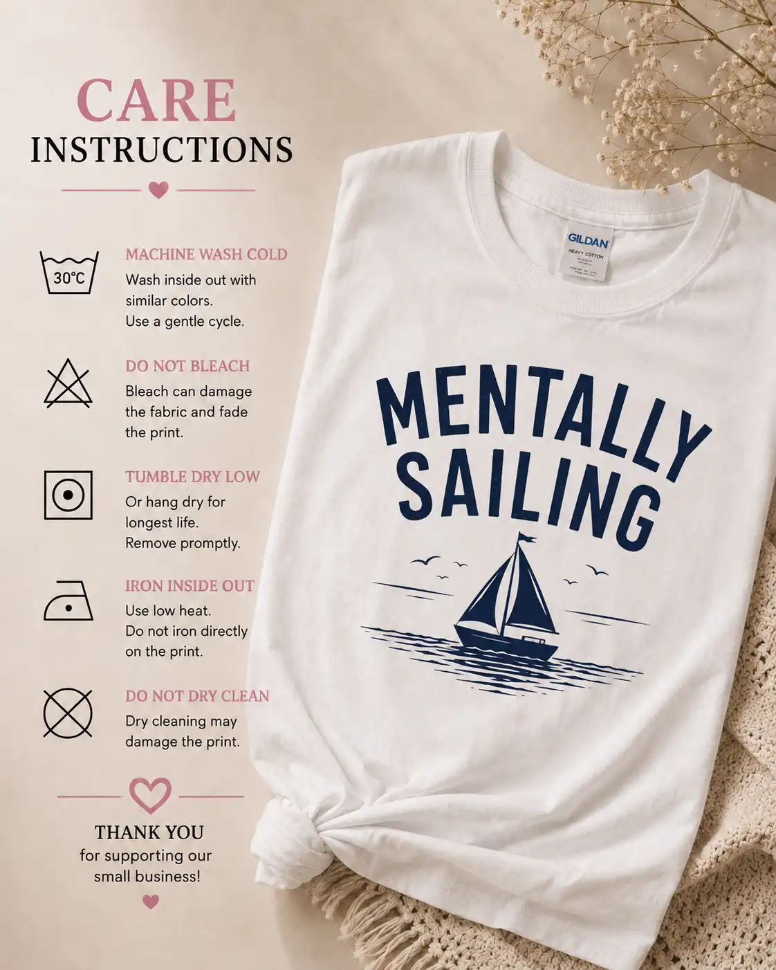 Care instructions card for Mentally Sailing t-shirt - wash cold, hang dry