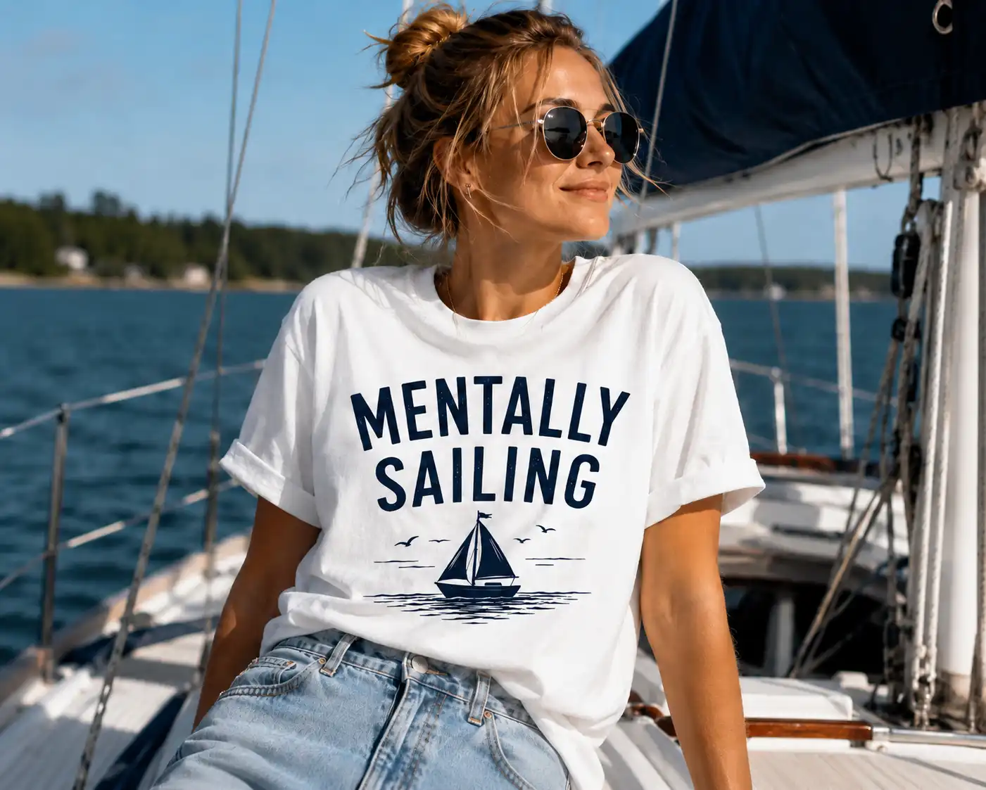 Funny nautical Mentally Sailing graphic white tee - printed in Toronto