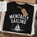 Navy sailboat print close-up on white tee - heat-pressed quality