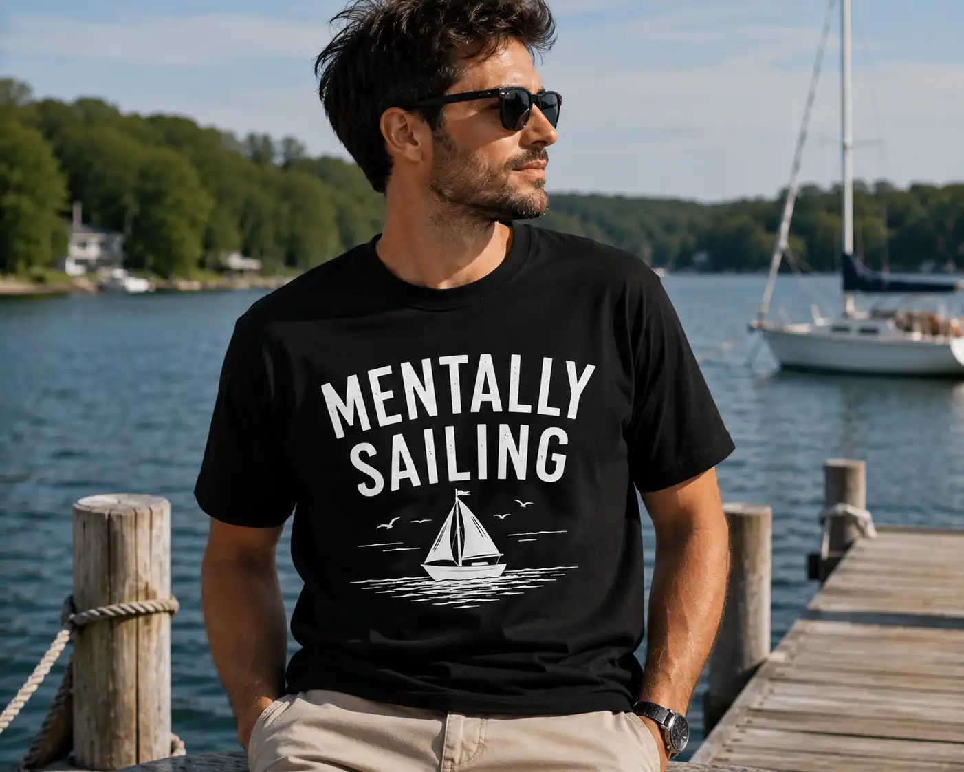 Nautical graphic black men's t-shirt with sailboat and seagulls - PrintMyVibe GTA