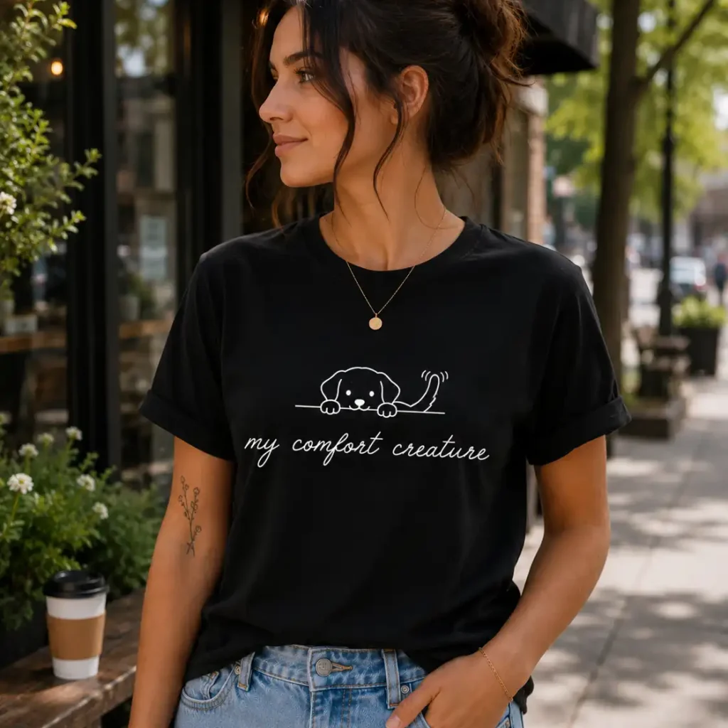 Woman wearing black My Comfort Creature dog line art t-shirt - PrintMyVibe Toronto