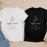 Cute matching tees for cat owners Soft Soul graphic tee with pink hearts - as gift idea