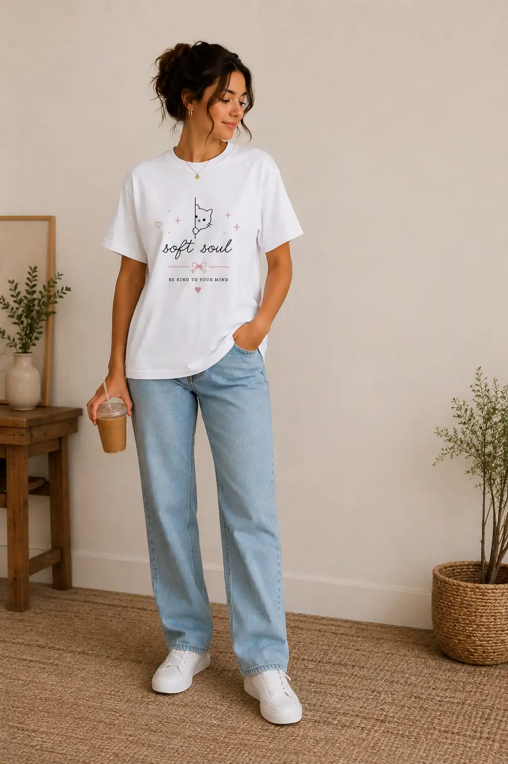 White Soft Soul cat white tee outfit photo - kindness graphic t-shirt