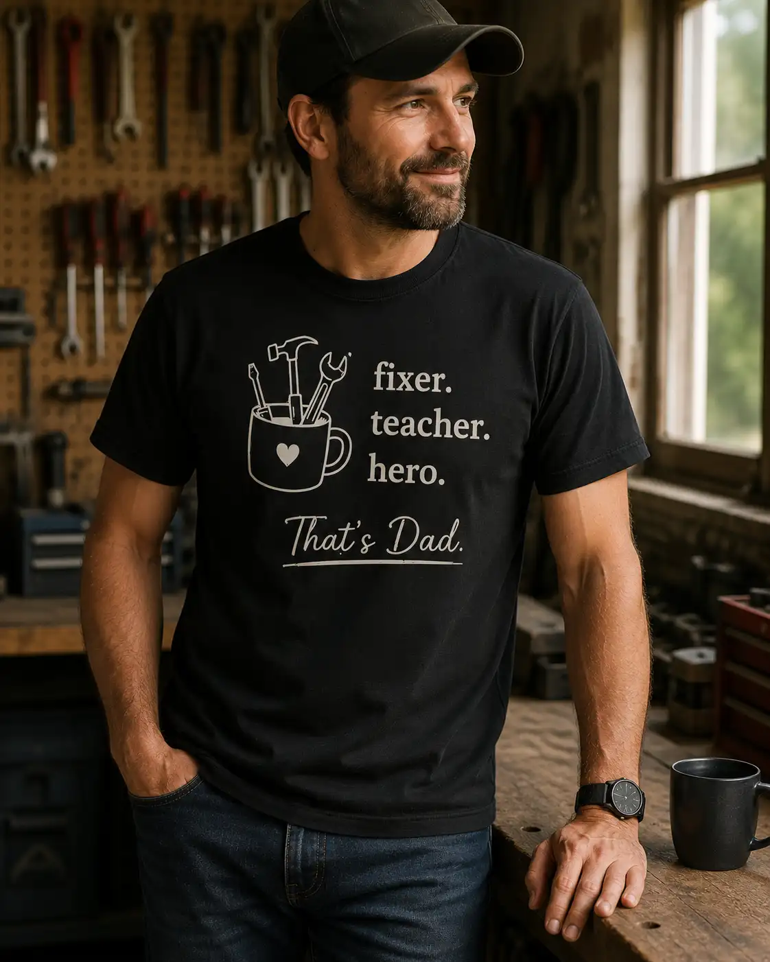 thats-dad-fathers-day-tshirt-mockup-12-black Dad tee with fixer teacher hero quote - made with love in Toronto
