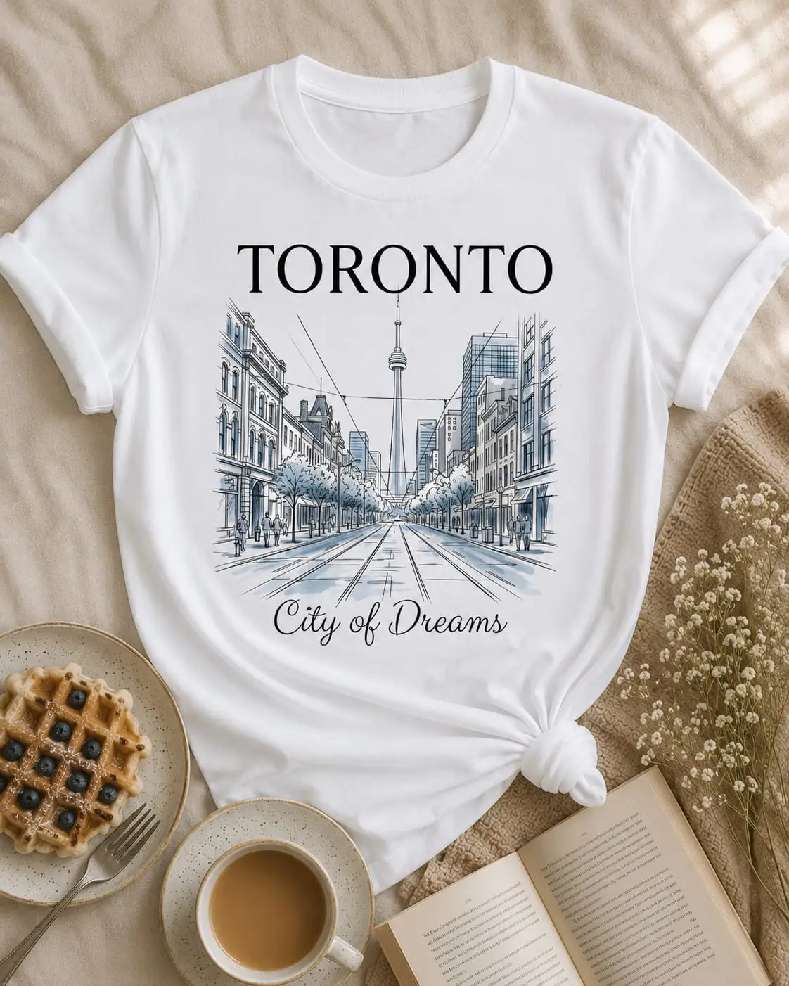 Toronto City of Dreams t-shirt print detail - blue pencil sketch style