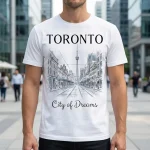 Toronto City of Dreams tee - artistic downtown street illustration printed in Toronto