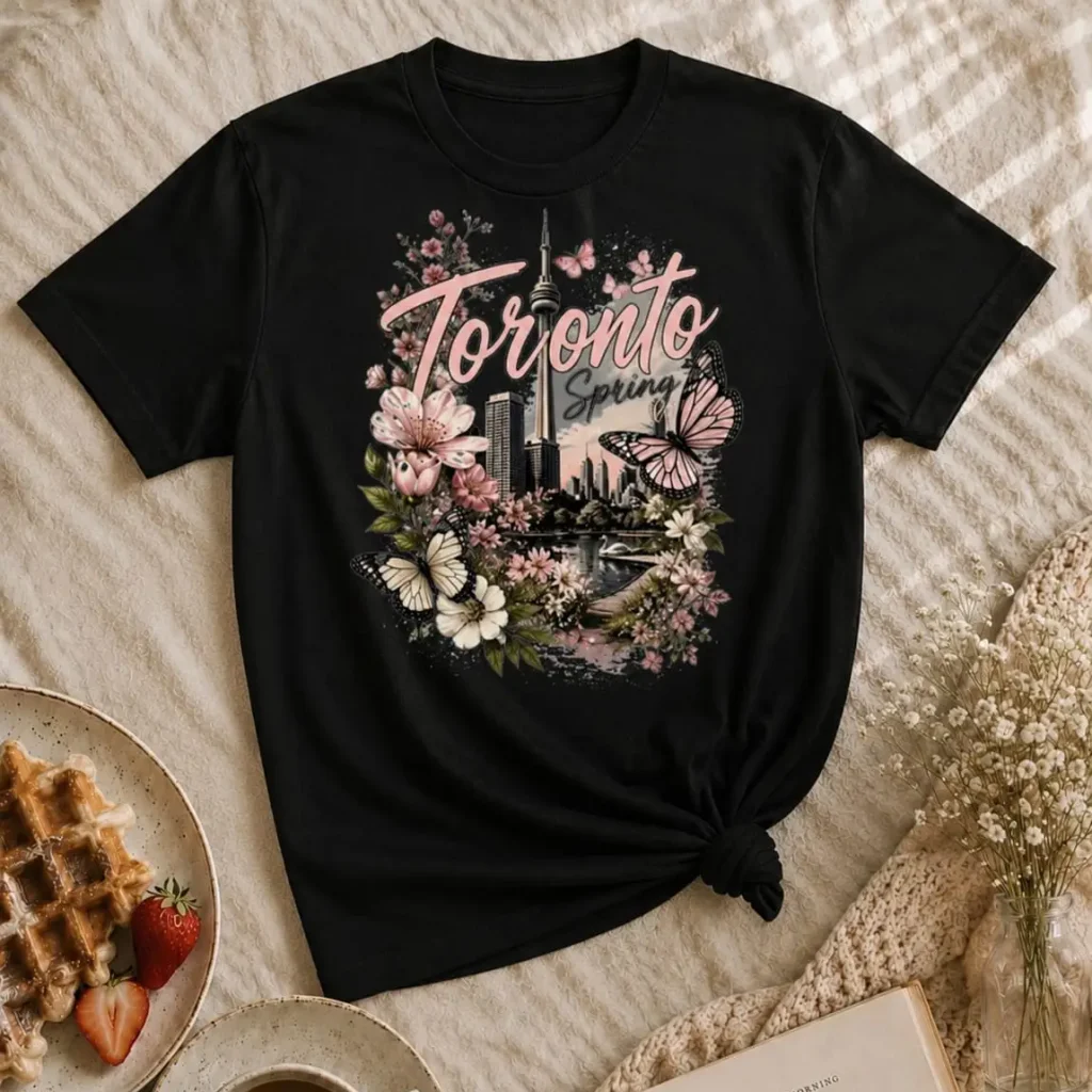 Black Toronto Spring cherry blossom tee flat lay - floral CN Tower design printed in Toronto