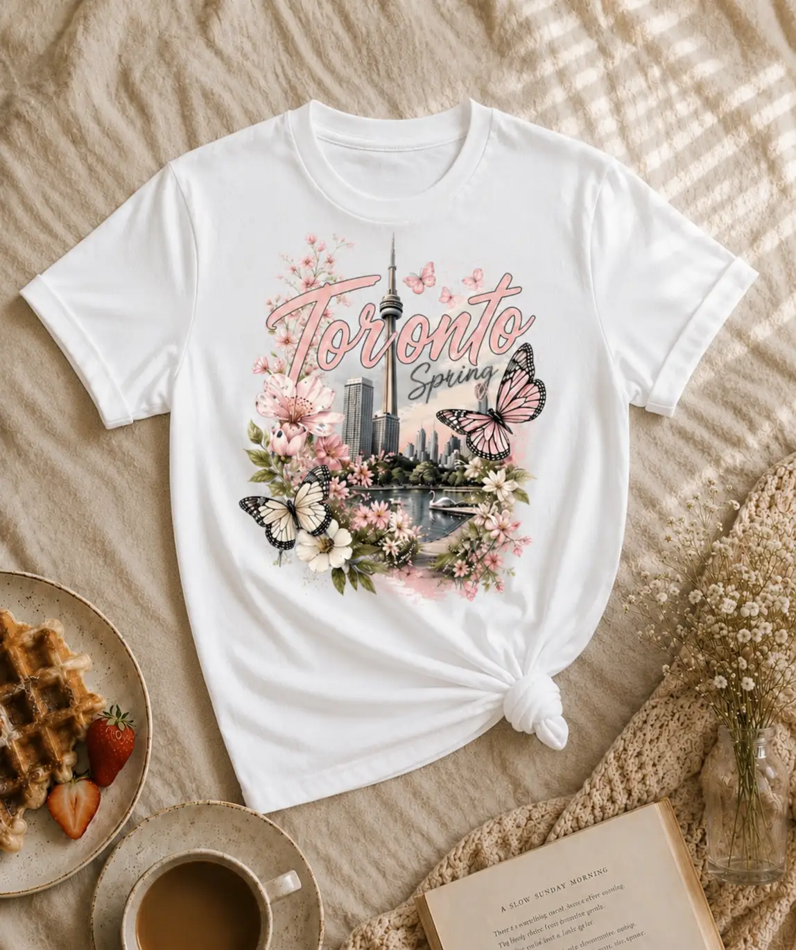 Toronto Spring white t-shirt with cherry blossoms and CN Tower skyline - PrintMyVibe