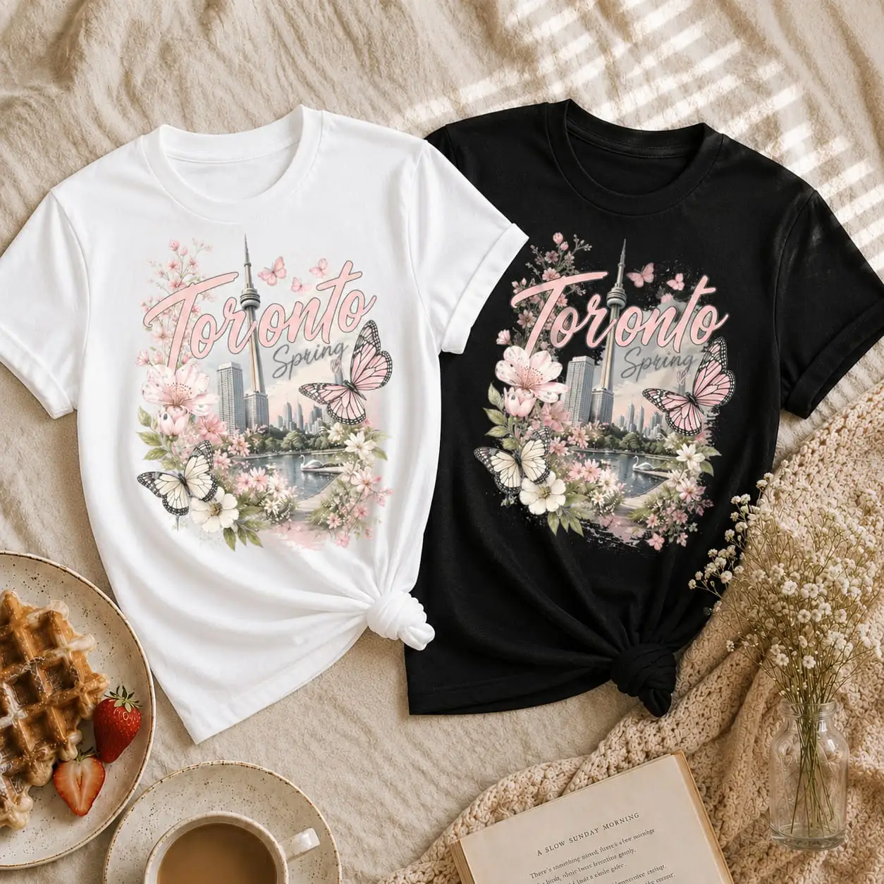Toronto Spring floral skyline t-shirt close-up - pink blossoms and butterflies