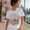 Toronto Spring t-shirt print detail - vivid flowers on white fabric