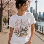 Toronto Spring t-shirt print detail - vivid flowers on white fabric