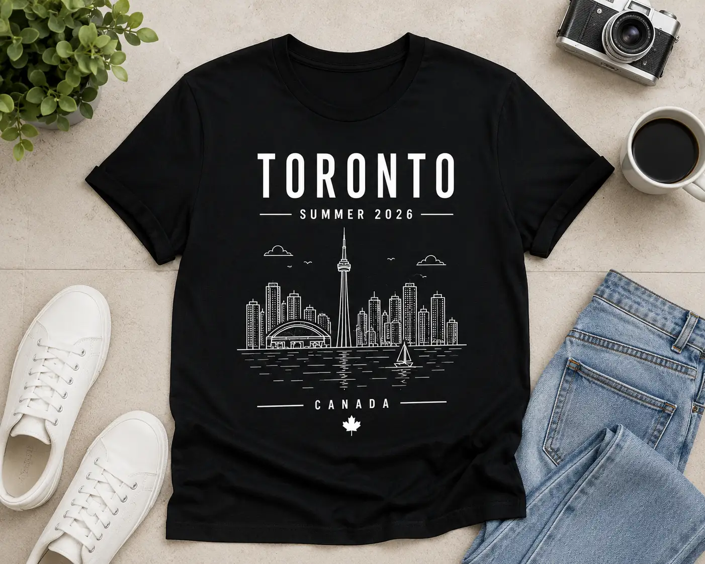 Black Toronto Summer 2026 t-shirt with CN Tower skyline line art - PrintMyVibe