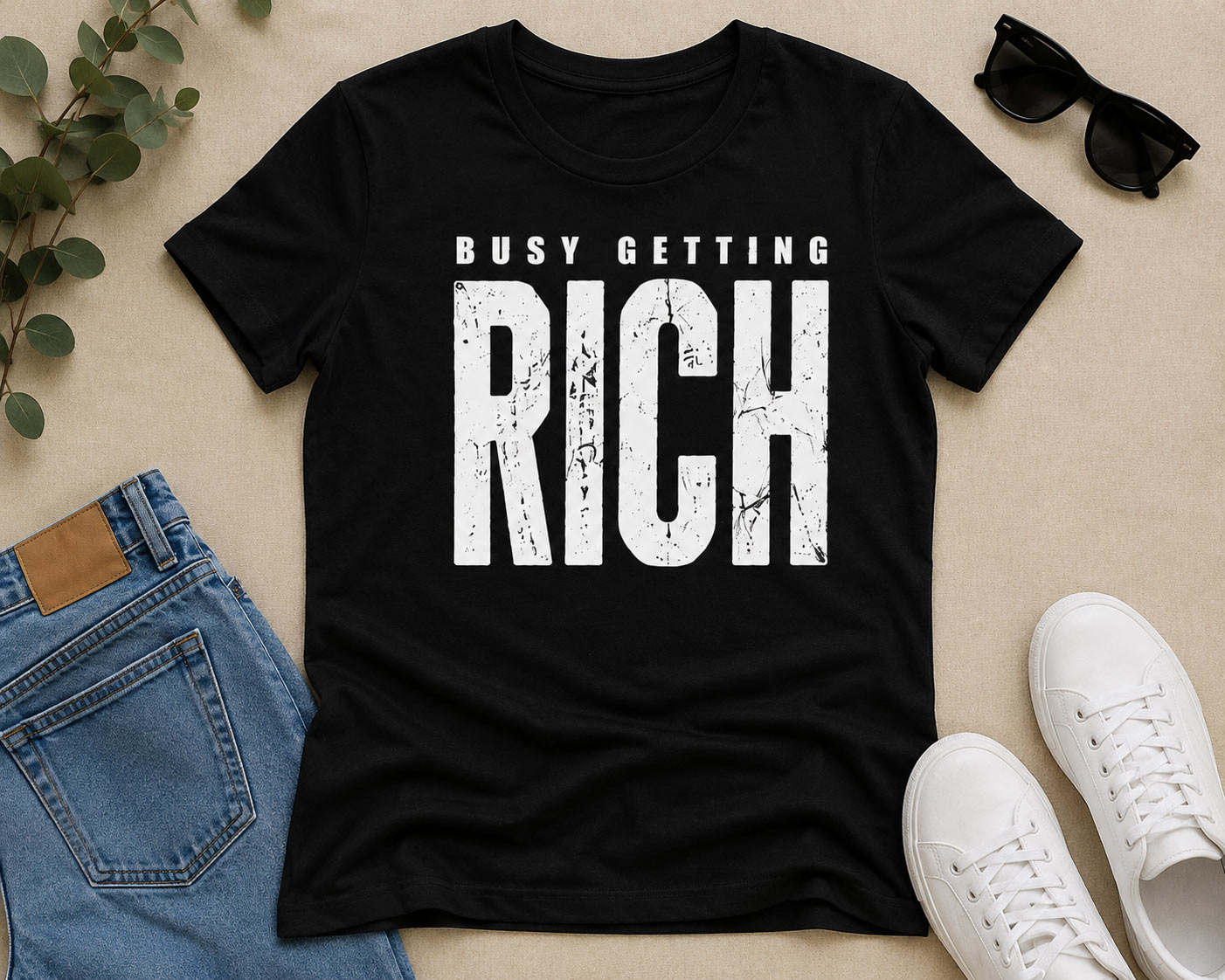 busy-getting-rich-tshirt-black-flatlay Black Busy Getting Rich tee flat lay - bold distressed print pressed in Toronto