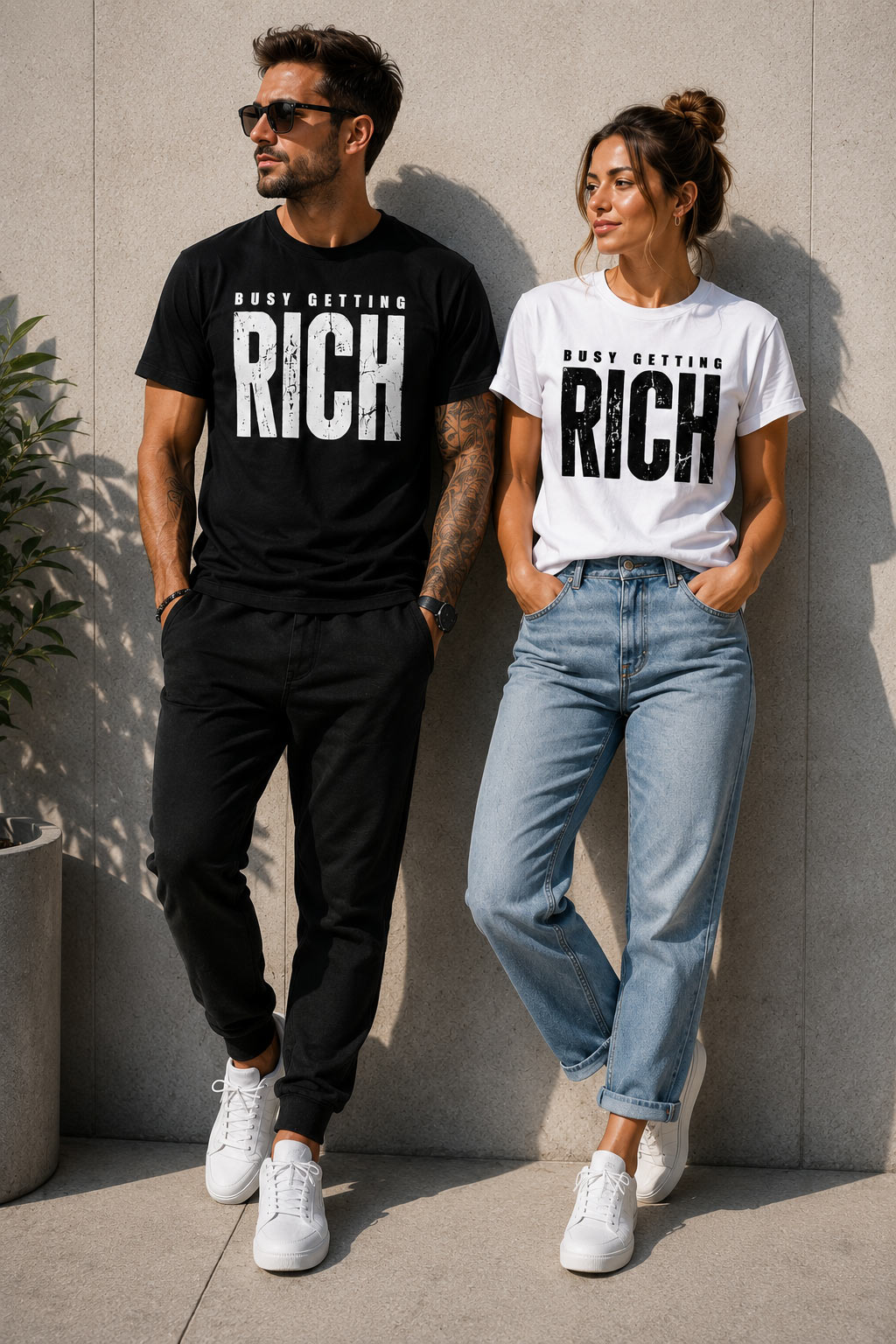Busy Getting Rich tee in black and white worn as a pair - unisex statement tee Canada