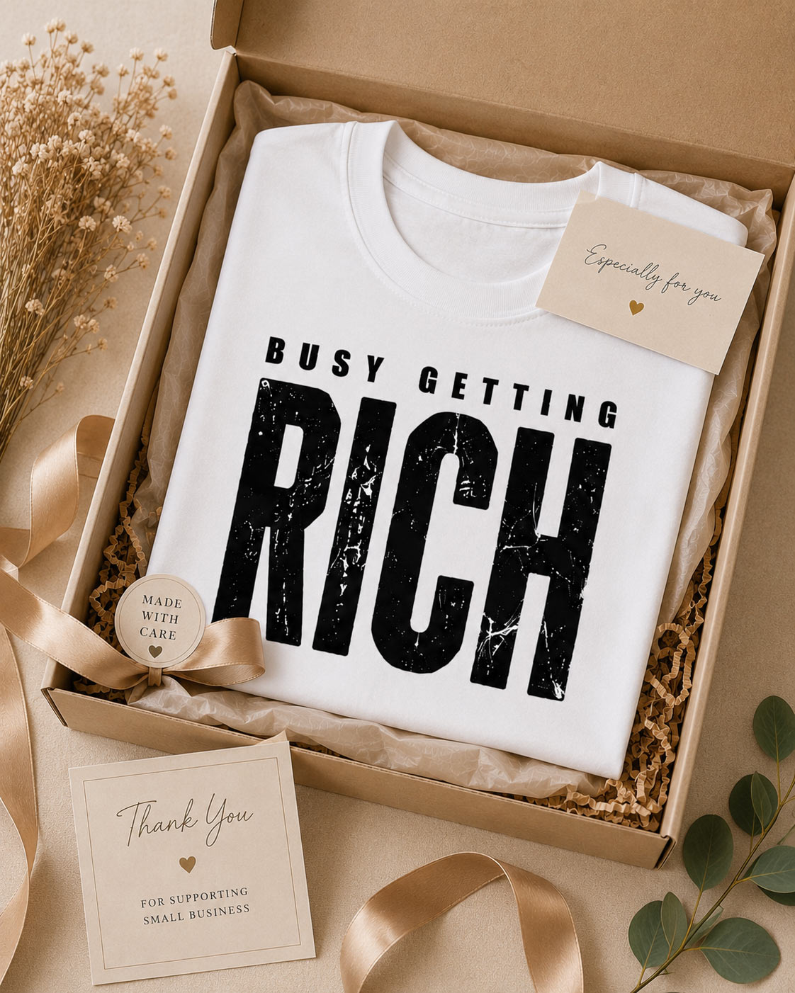 Busy Getting Rich tee folded in a gift box - motivational tee gift idea Toronto