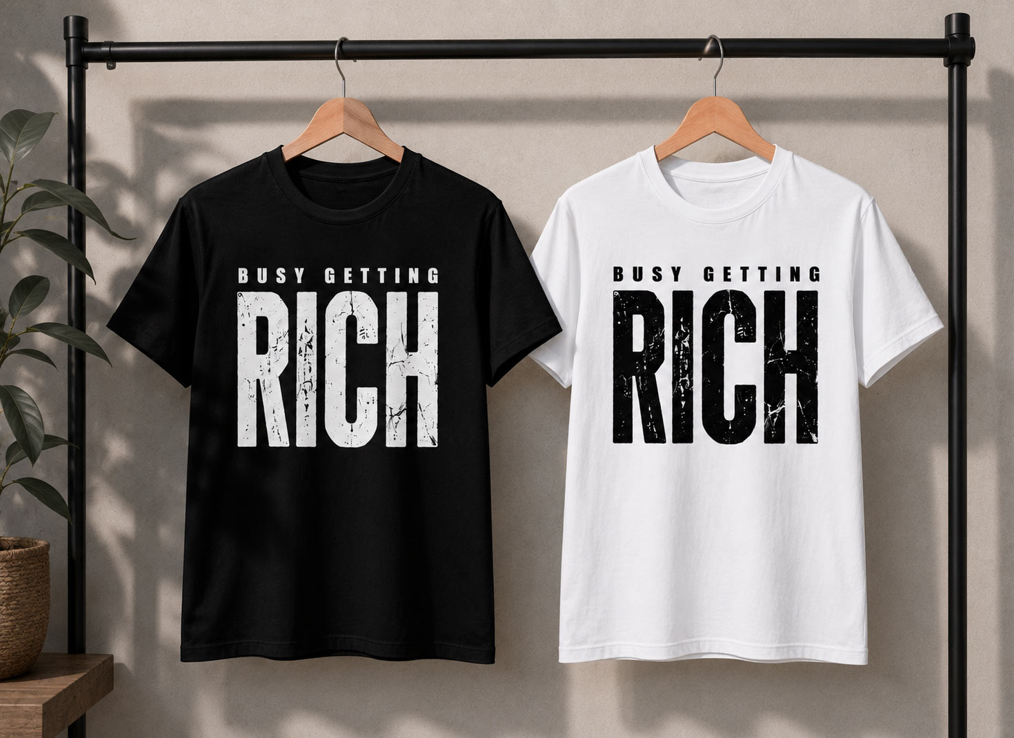 Busy Getting Rich tees on hangers in black and white - unisex statement tee GTA