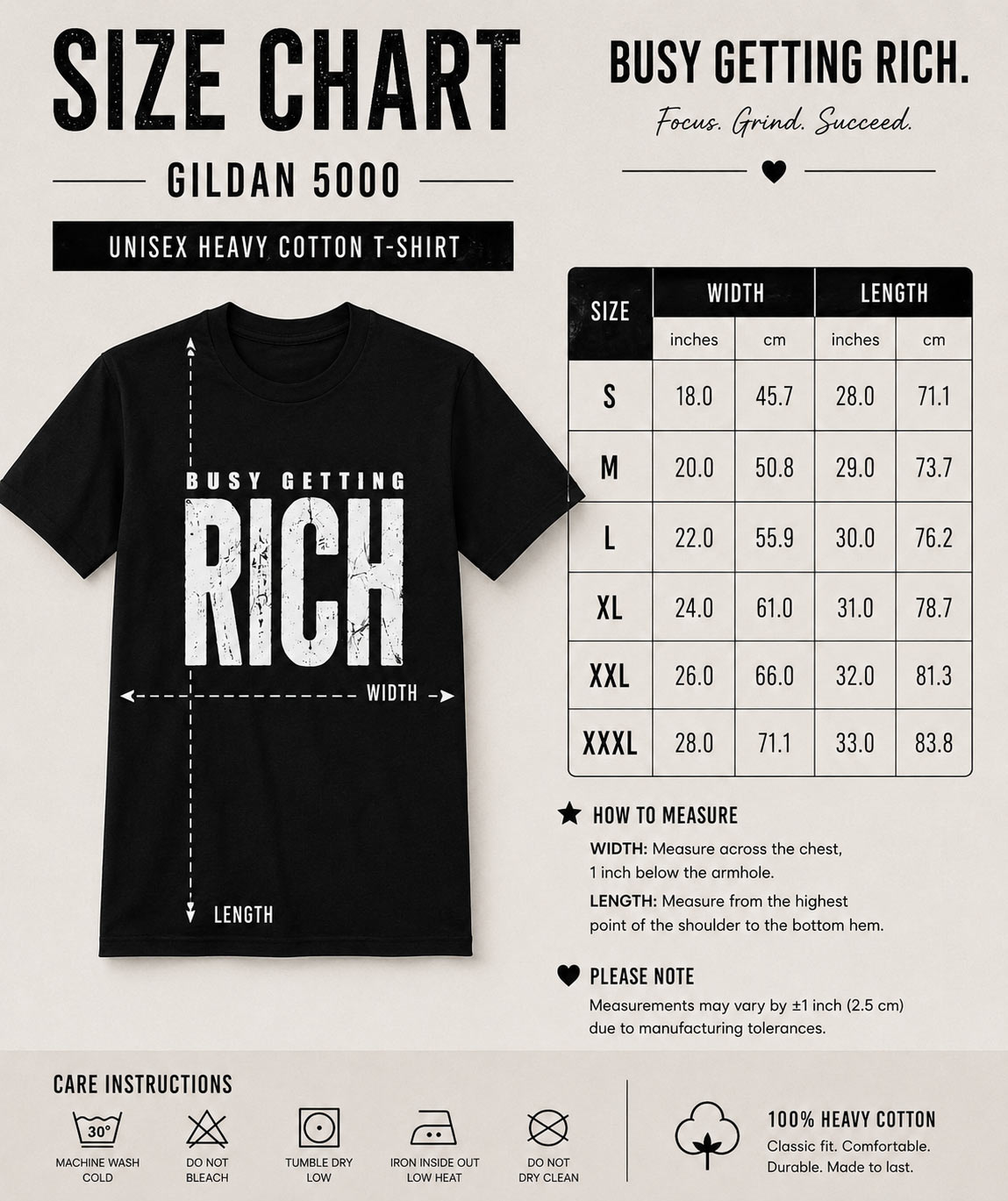 busy-getting-rich-tshirt-size-chart Busy Getting Rich unisex tee size chart - Gildan 5000 heavy cotton sizes S to 3XL