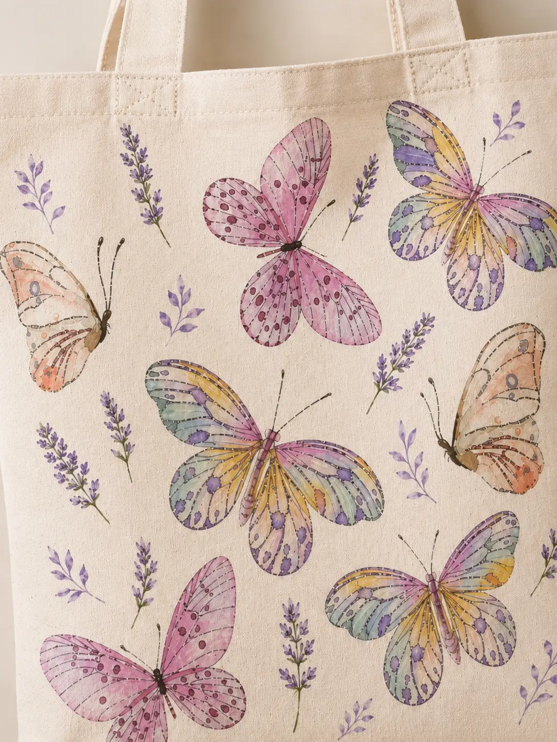 butterfly-tote-bag-mockup-10 Pastel butterfly tote detail - heat-pressed print on natural canvas